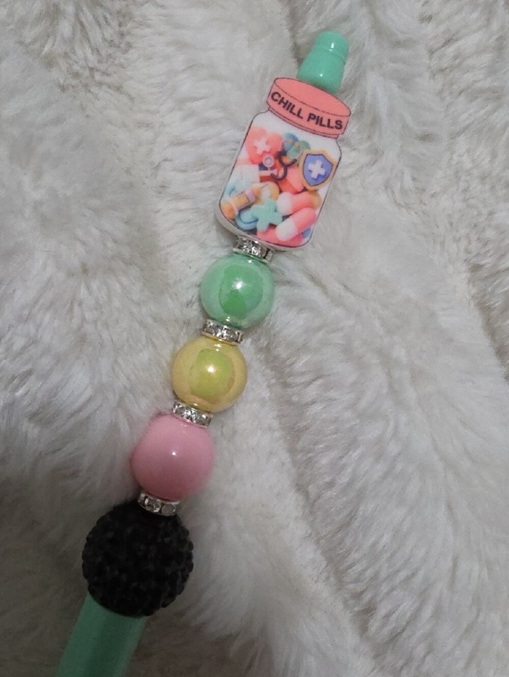 Beaded Chill Pills-Mint Pen with Pink, Yellow & Green Accents - Picture 2 of 2